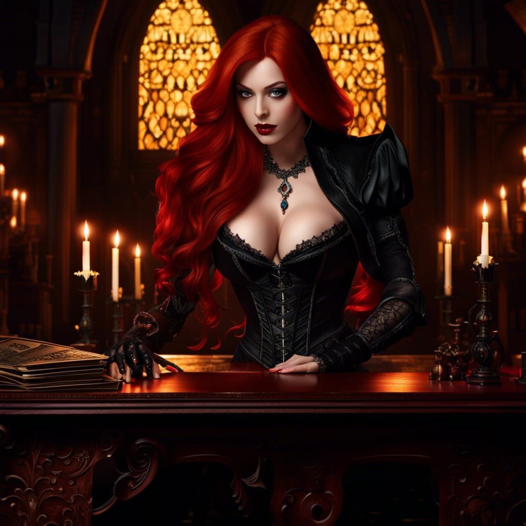 Redhead Vampire in Gothic Castle, Hyperrealistic Style