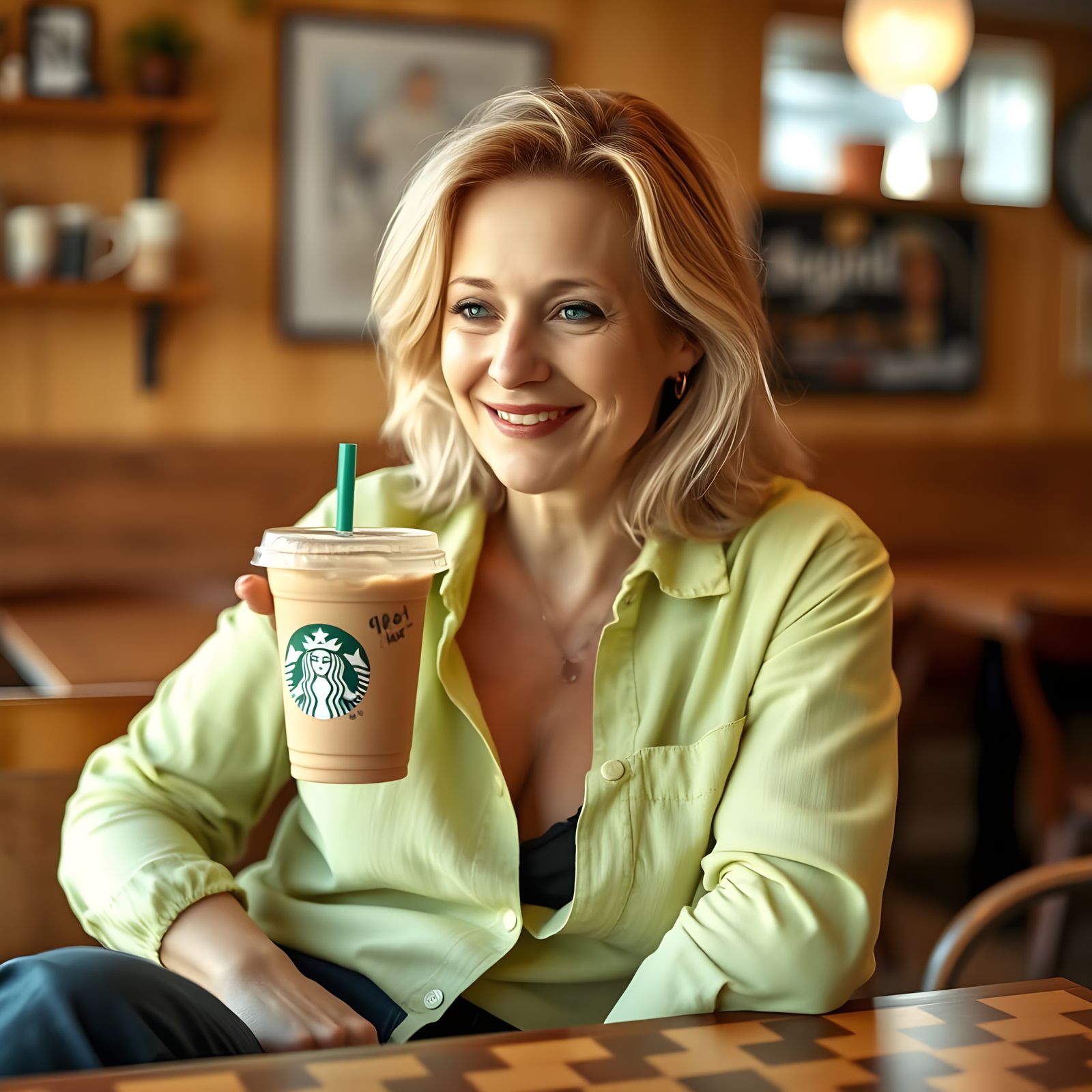 Woman in a Coffee Shop, Captured in a Photographic Moment