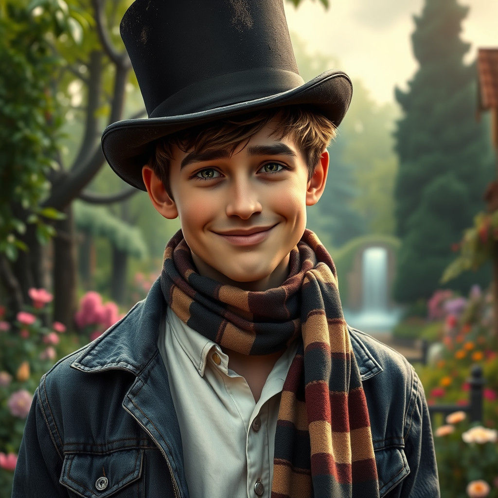 Whimsical Man in Garden, Matte Painting Style
