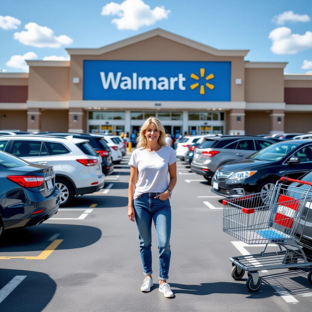 Woman Outside Walmart in Hyperrealistic Style