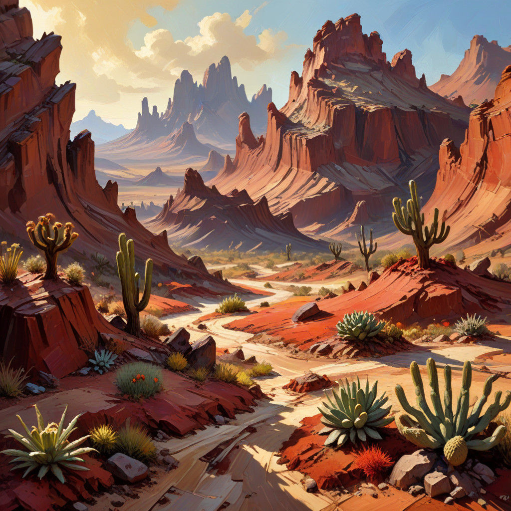 Impasto Alien Landscape: Earthy Desert World with Spiky Cact...