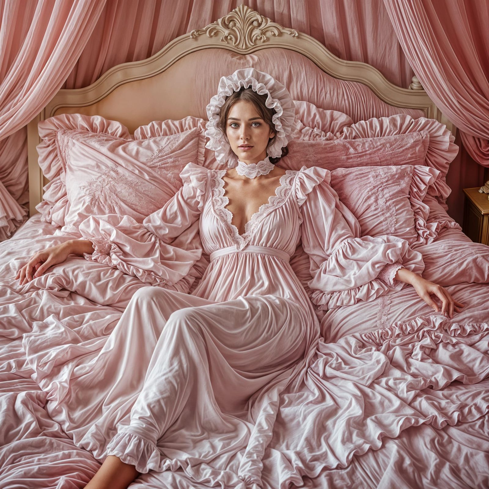 Dreamy Woman in Rococo-Inspired Pink Bedroom