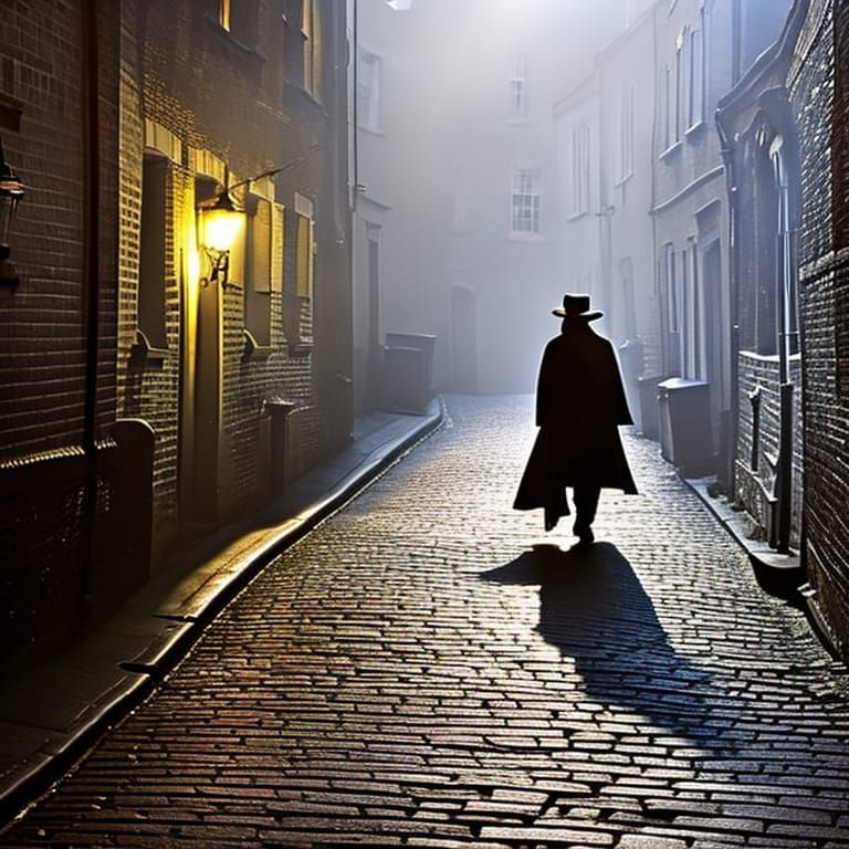 Dark backalley in 1800 London, lit gaslight casting shadow, one man with hat and cloak standing under gaslight, photolik...