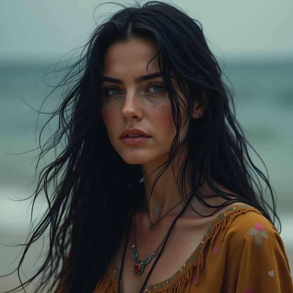 Confident Woman with Raven Hair and Piercing Eyes