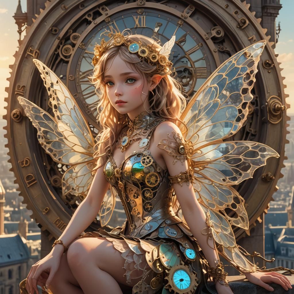 Fairy on London Clock Tower in Miyazaki Style