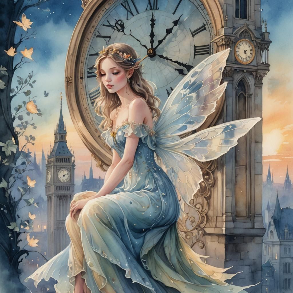 Fairy on London Clock Tower in Watercolor Style