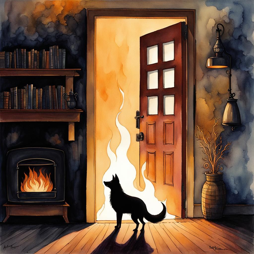Pensive Dog by Firelight: Watercolor Art