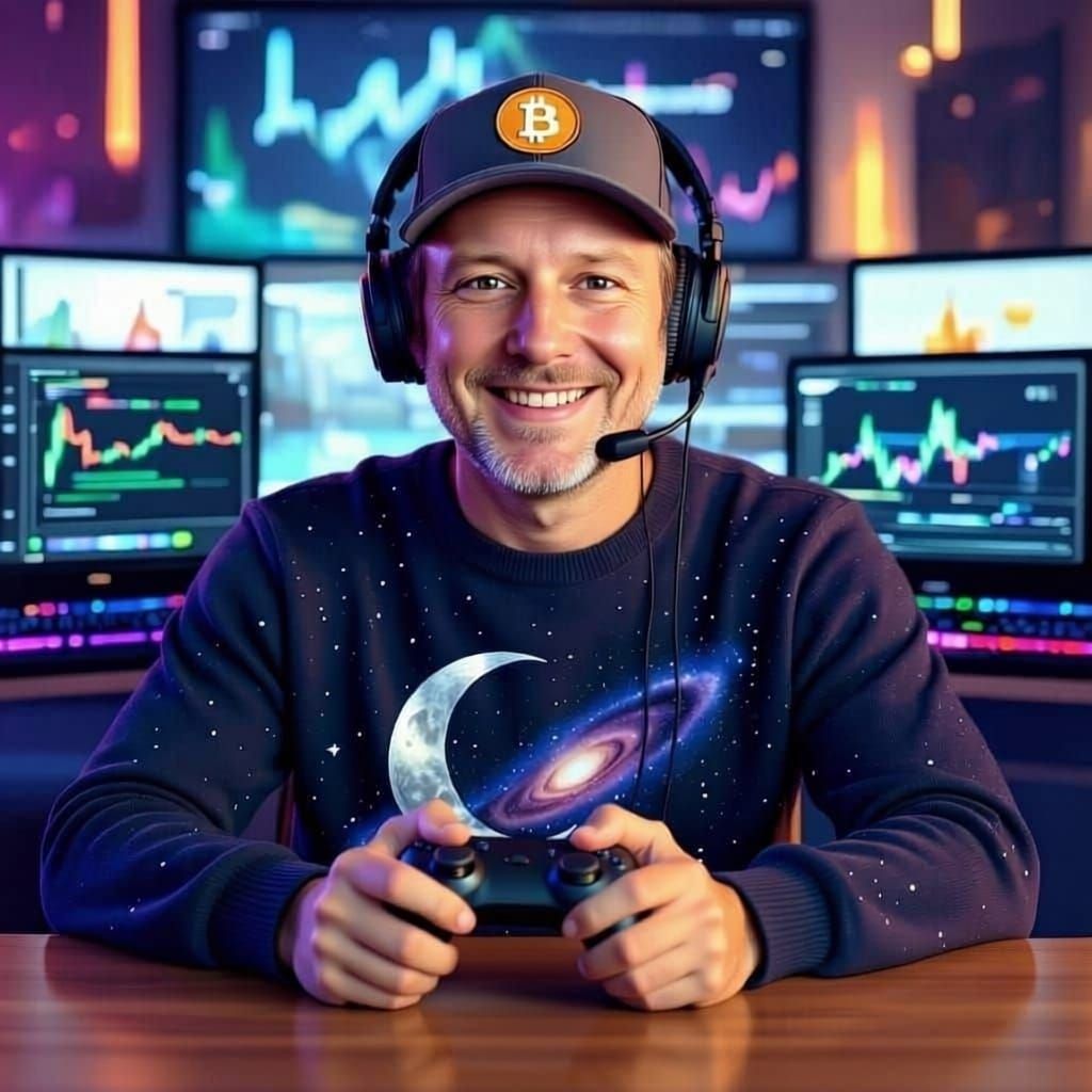 Cheerful Bald Man Gaming with Bitcoin Cap