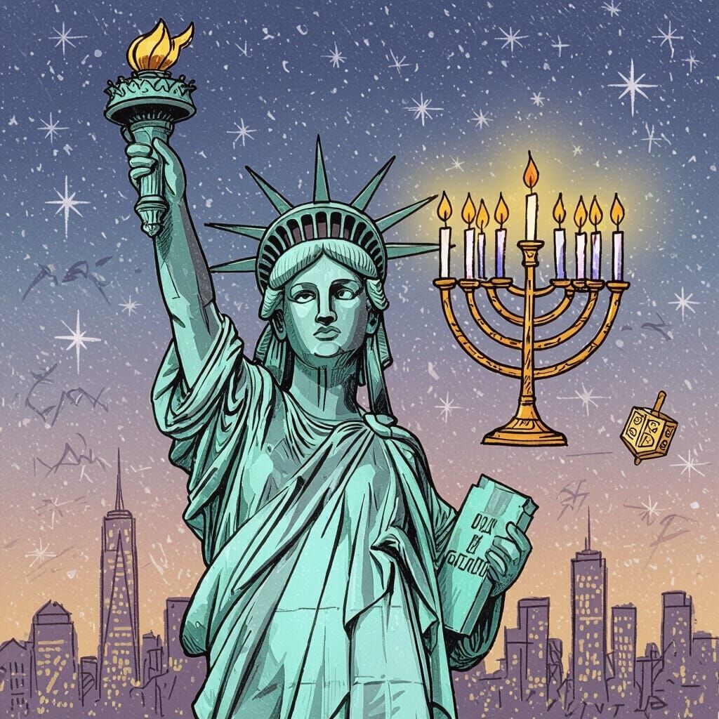 Statue of Liberty Doodle Art Holding Hanukkah Symbols
