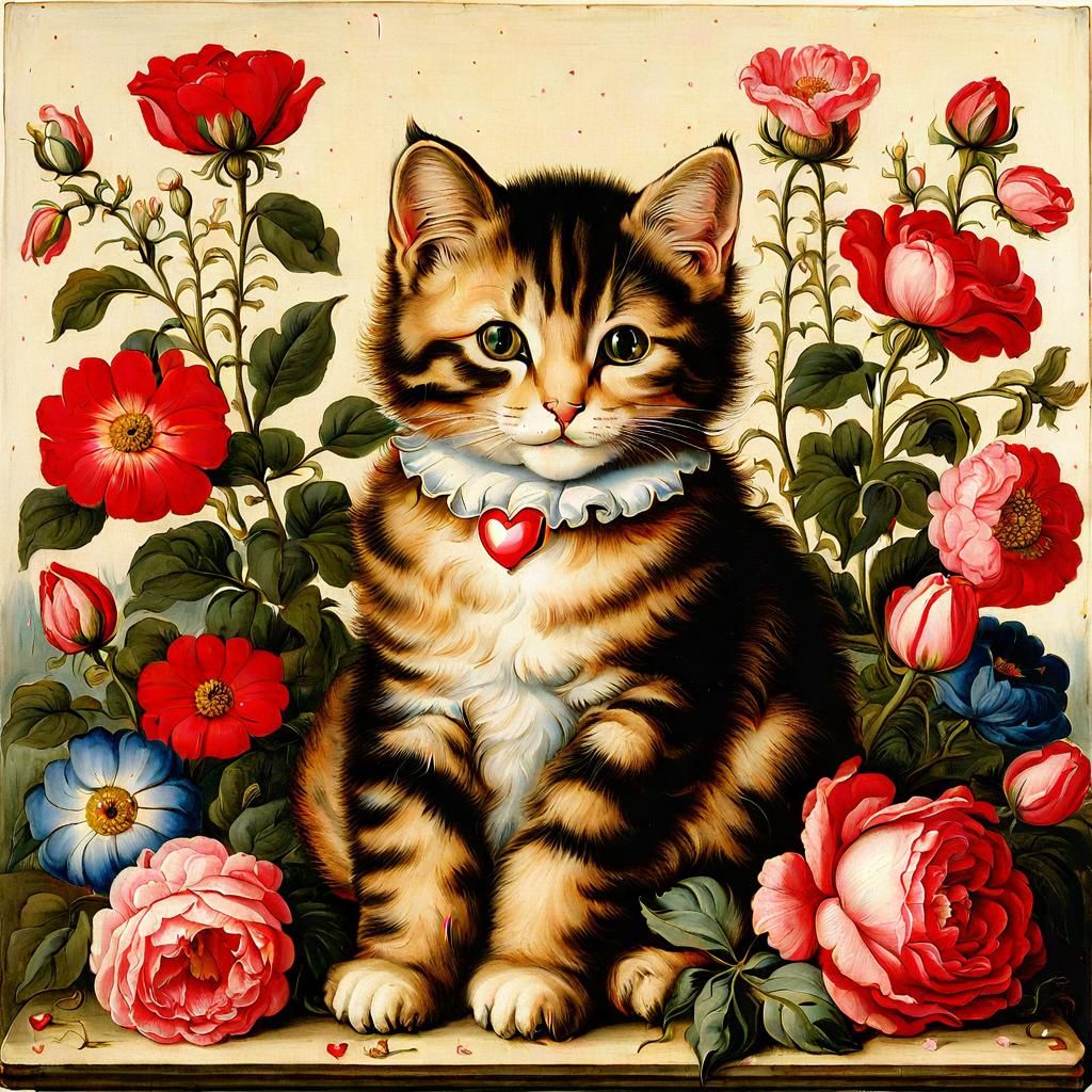 Cat on Pillow in Floral Setting, Northern Renaissance Style