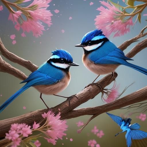 Australian Fairy Wrens in Tree: Hyperrealistic Splash Art