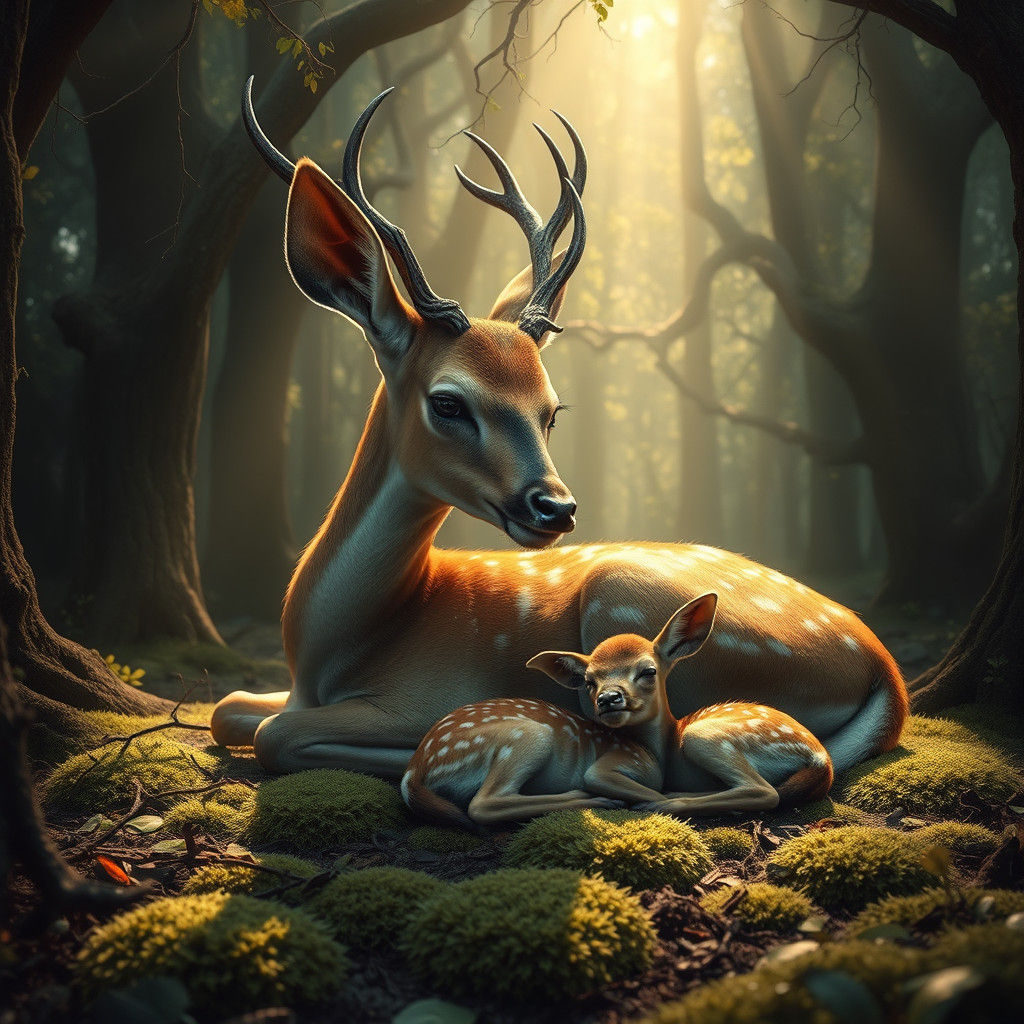 Doe and Fawns in Forest Glade: Dreamy Matte Painting