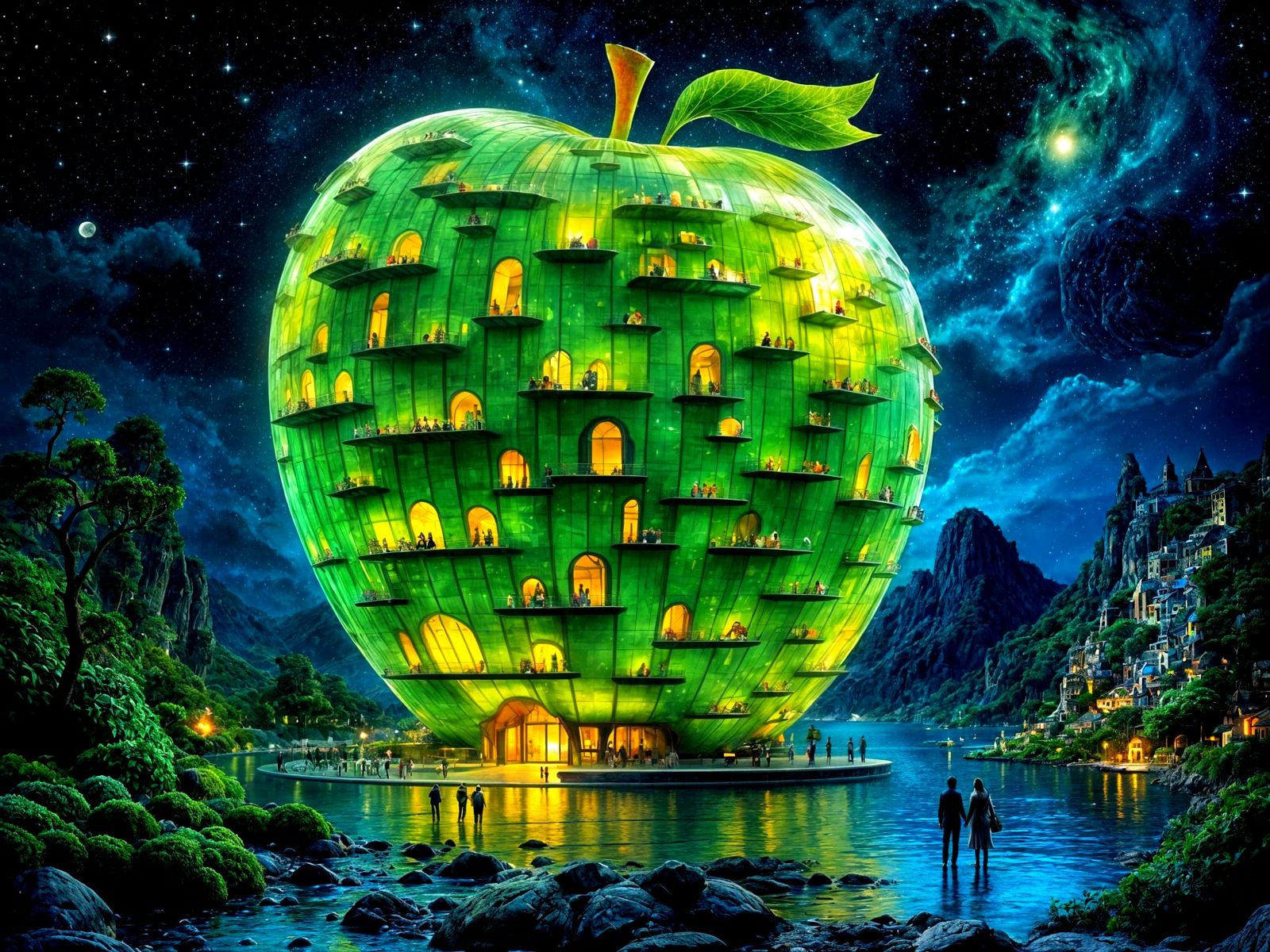 Surreal Luxury Hotel in a Glowing Green Apple by Klimt, Gige...