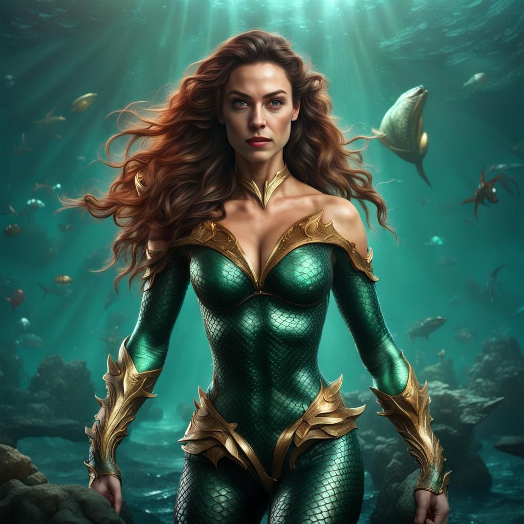 Brunette Woman as Mera: Hyperrealistic Artstation Quality