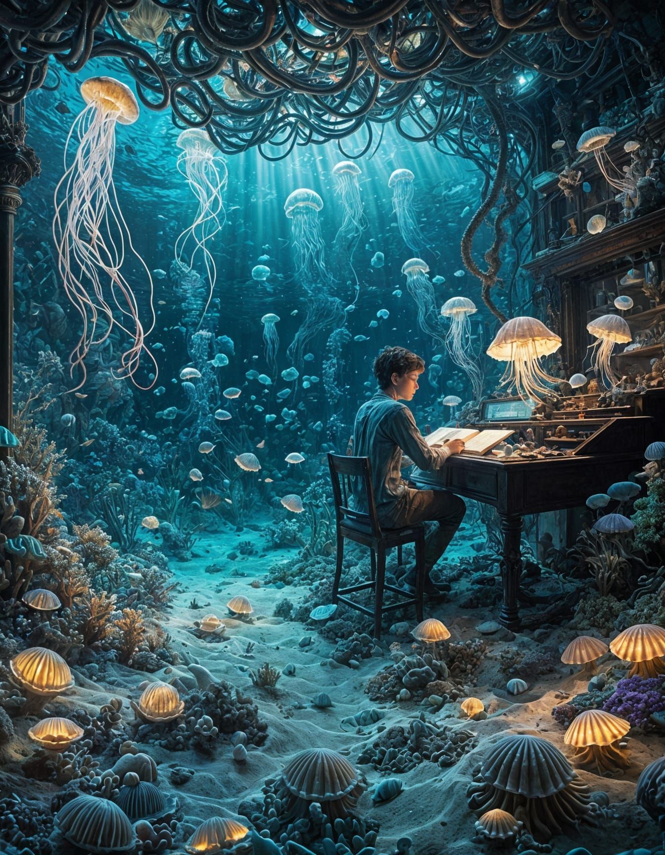 Atlantean Boy Studies Undersea with Bioluminescent Jellyfish