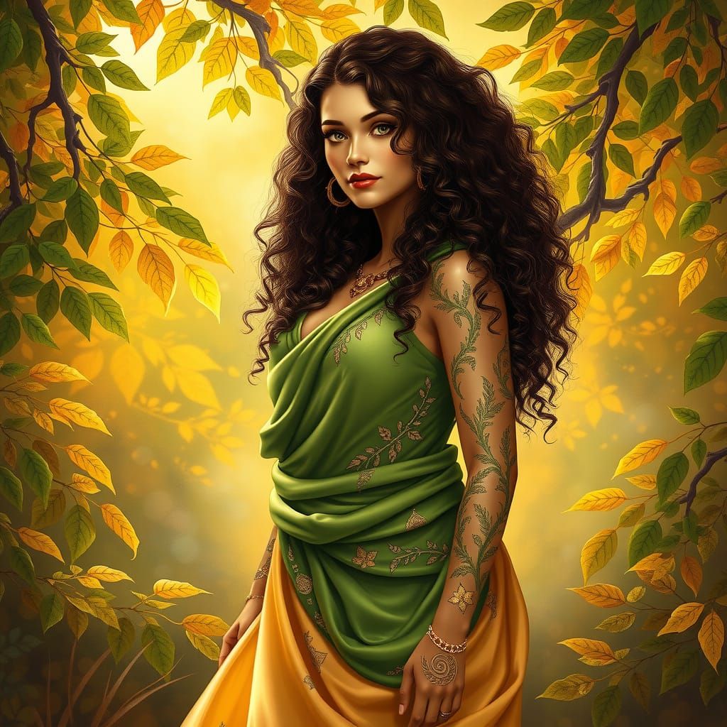 Surreal Goddess in Autumnal Splendor, Draped in Golden Silks