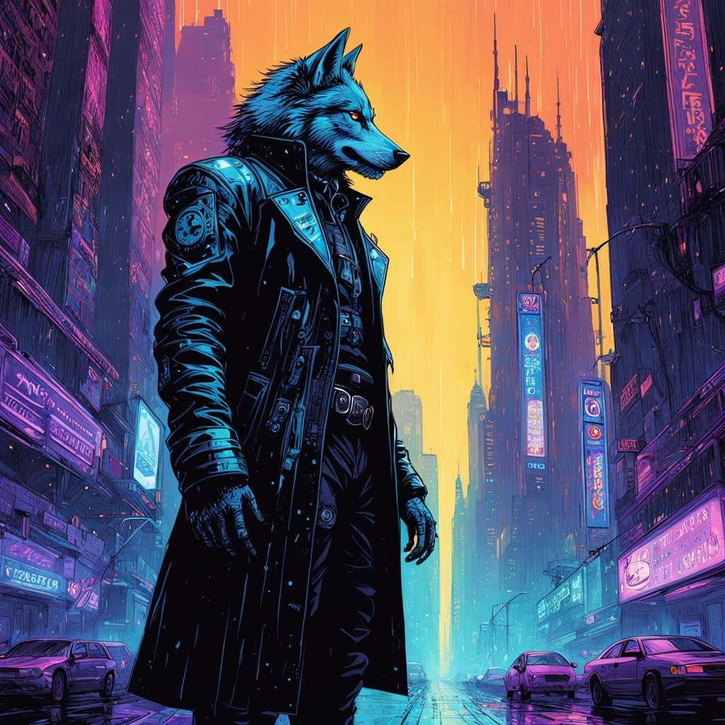 Cybernetic Wolf on Neon Street in Cinematic Style