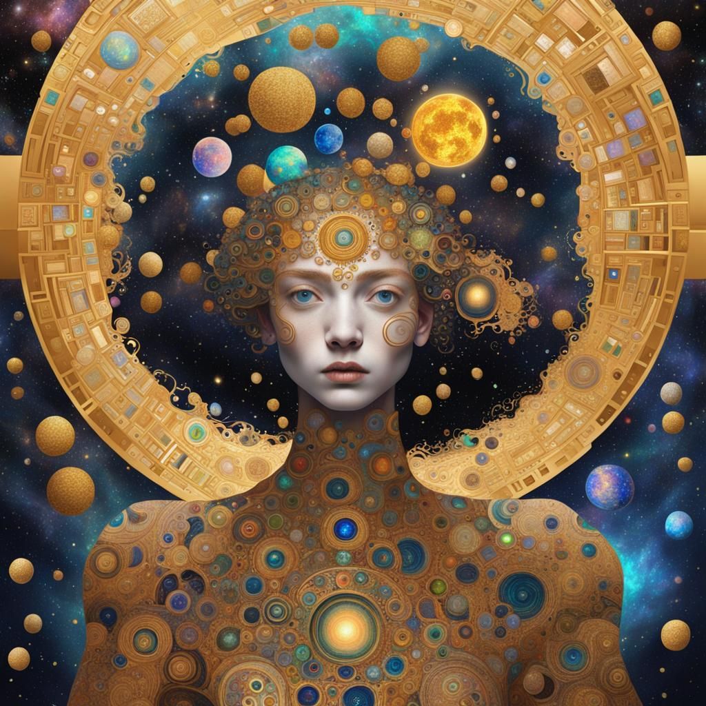 Golden Holographic Cosmic Illustration Inspired by Klimt