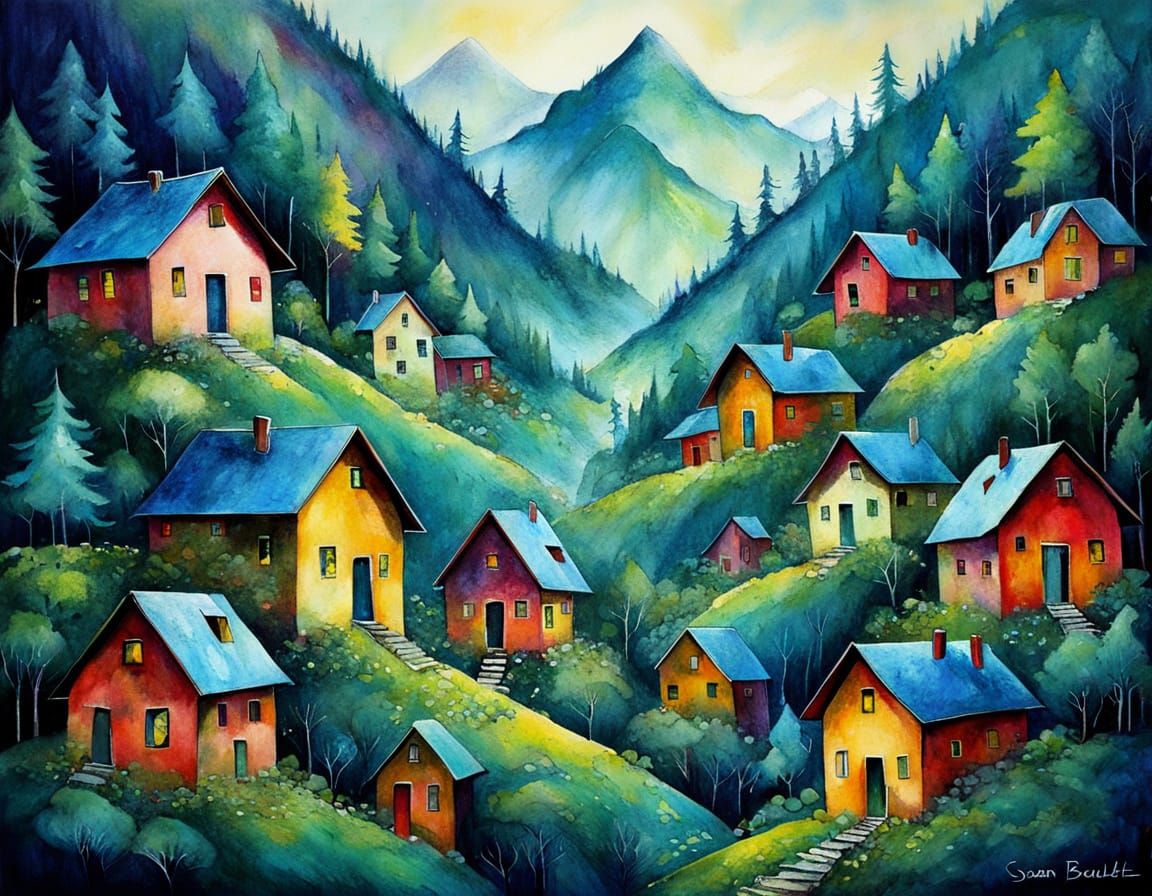 Vibrant Mountain Forest Village Abstract Style