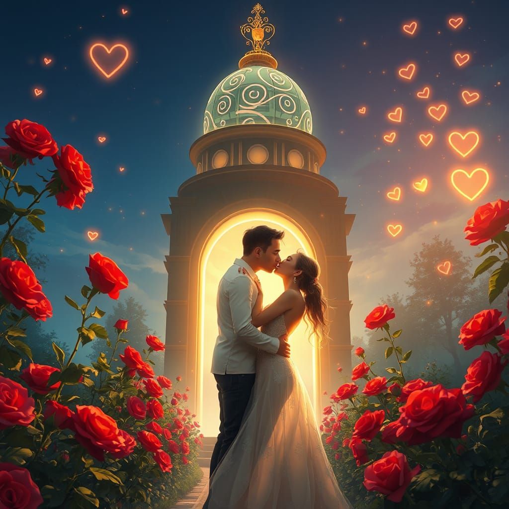 Romantic Kiss in Rose Garden: A Matte Painting