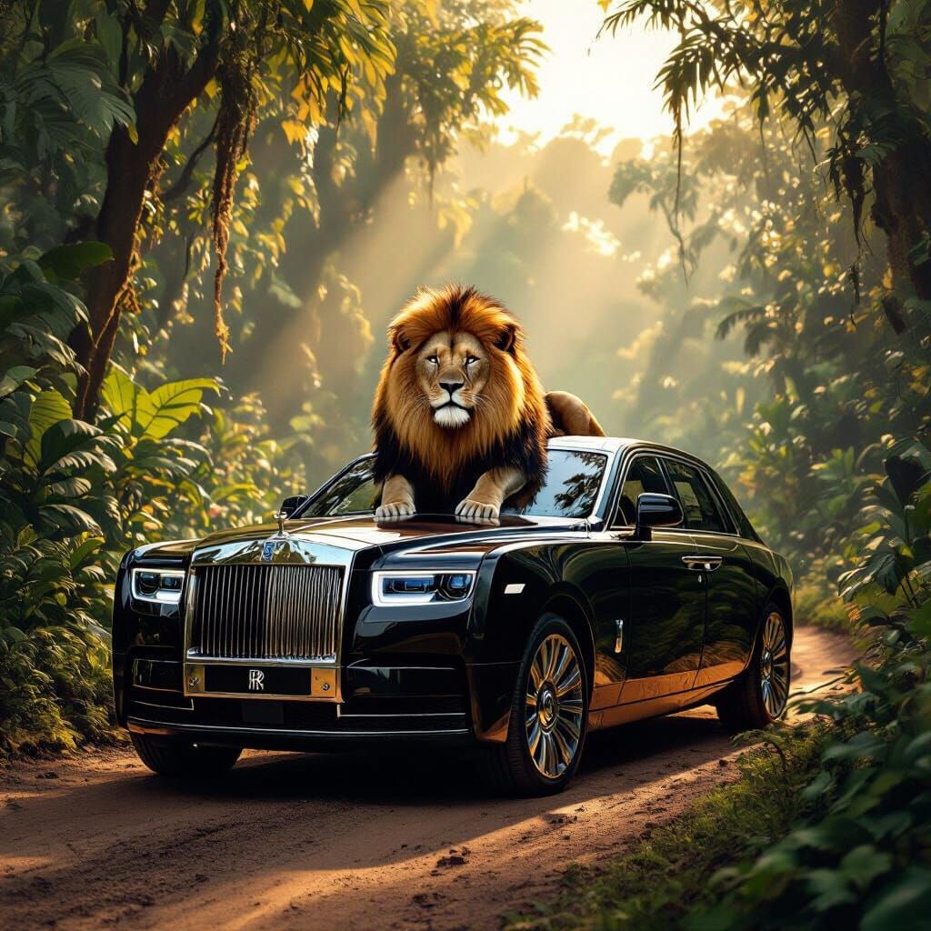 Lion on Rolls-Royce in Jungle at Dawn, Hyperrealistic Matte ...