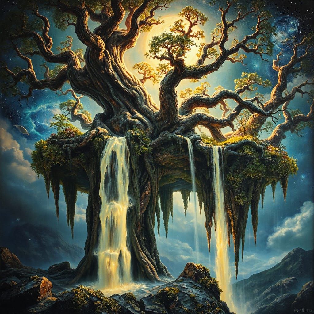 Surreal Cosmic Starlight Trees Floating Islands