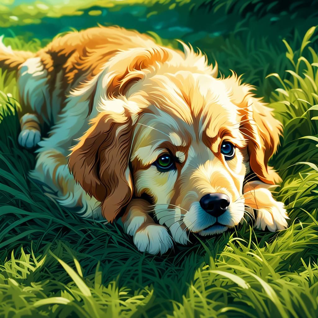 Fluffy Golden Retriever Puppy in Fantasy Sunlight