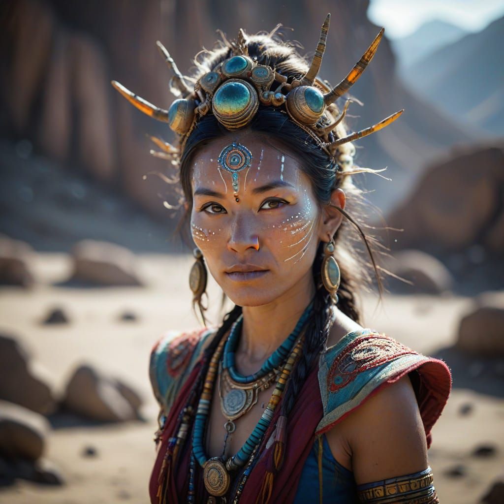 Mystical Tibetan Shamaness in Cosmic Landscape