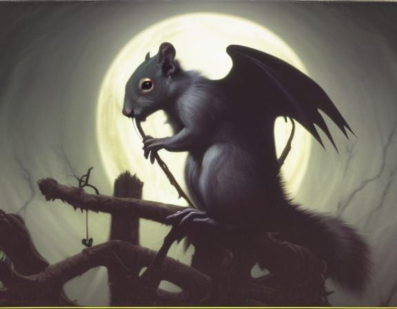 Gothic Squirrel with Skull, Oil Painting Style