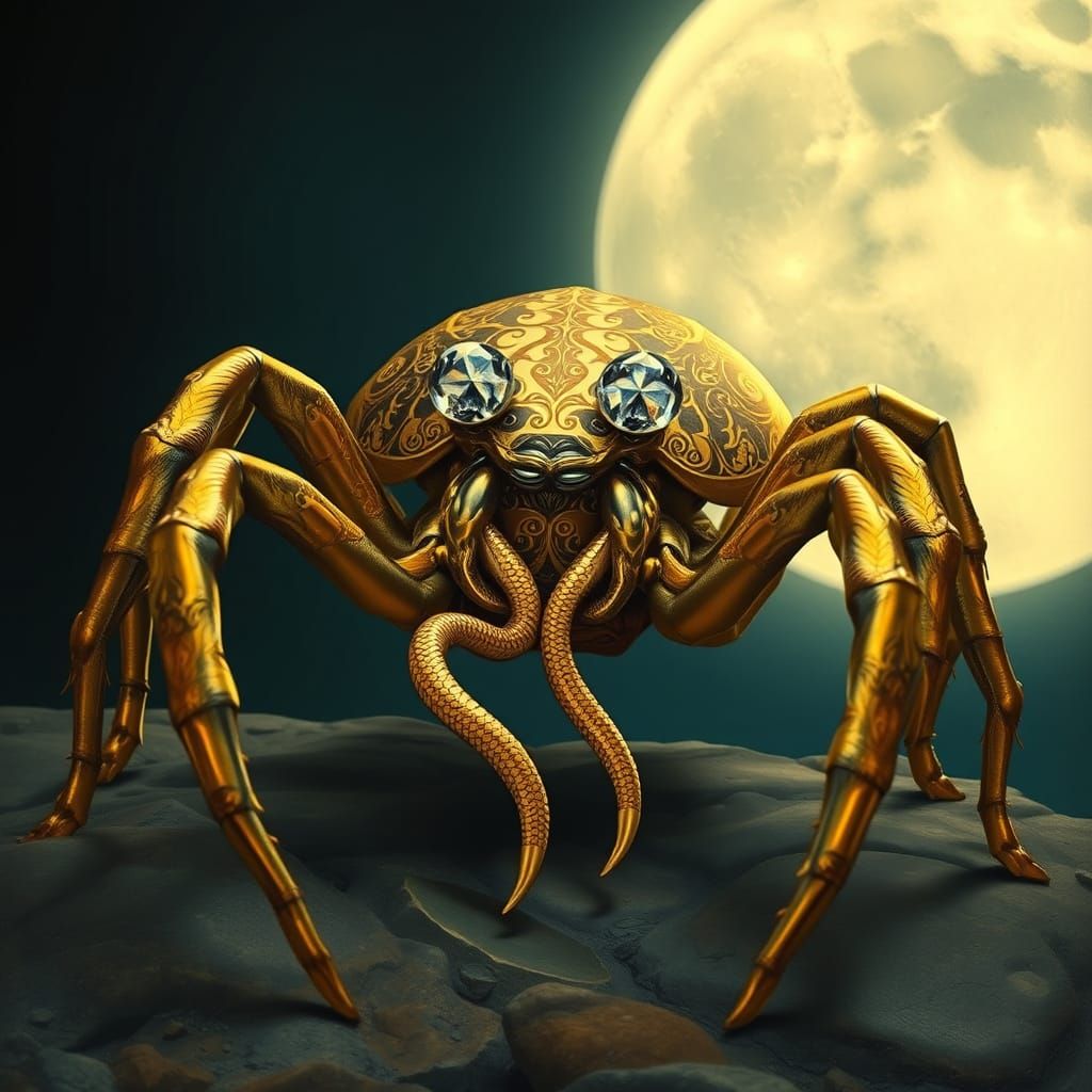 Golden Spider Reigns in Lunar Glow, Art Nouveau Splendor
