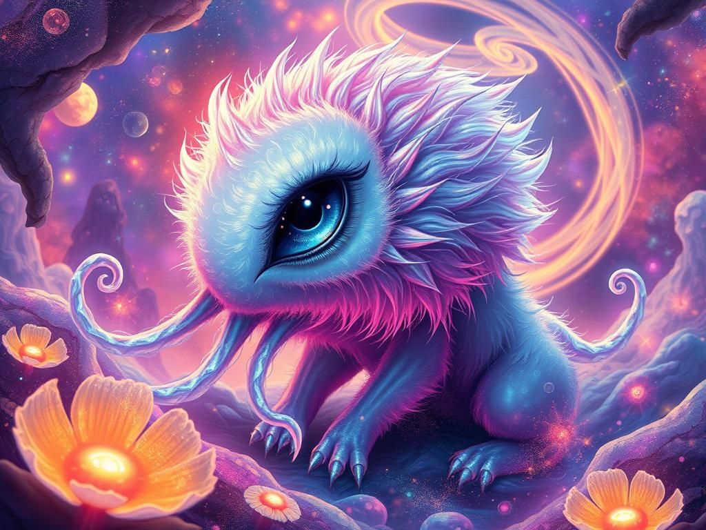 Iridescent Alien Creature in Cosmic Dreamscape