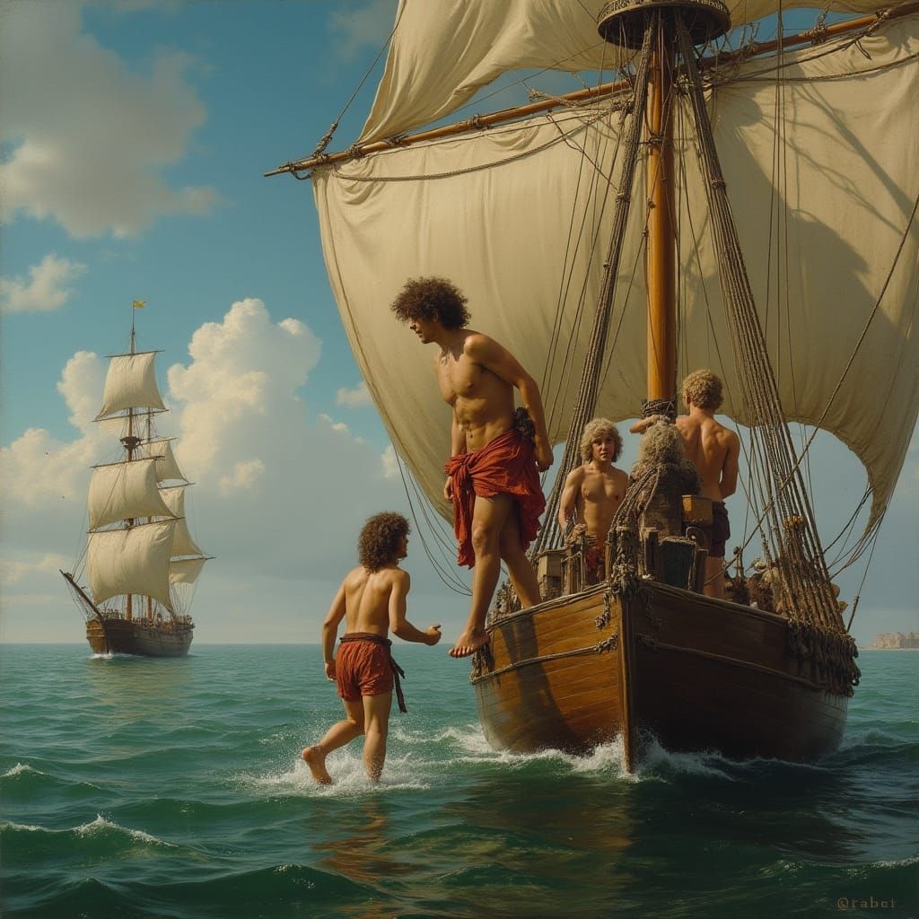 Classical Greek Explorer Stands on Trireme Ship's Prow near ...