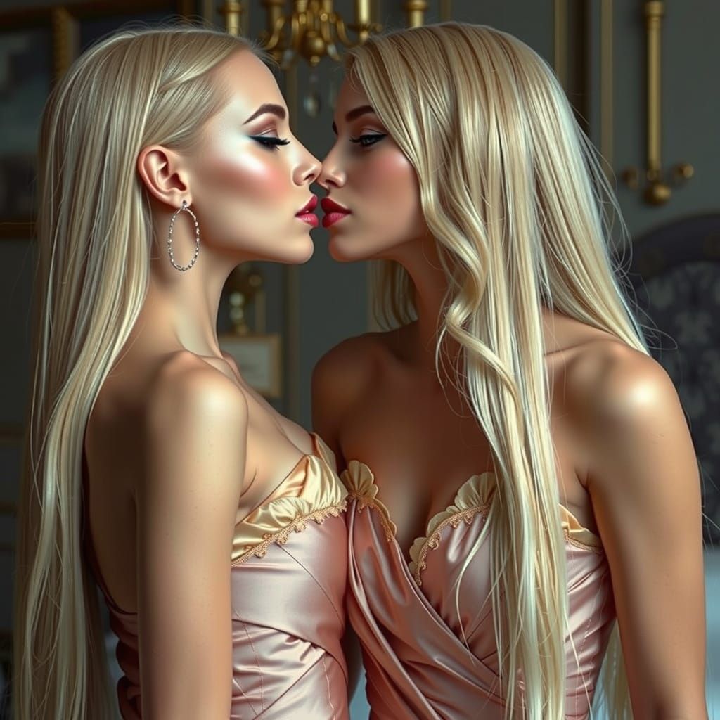 Glamour Models Kiss in Victorian Gowns
