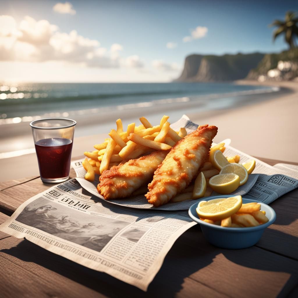 Fish and Chips on Beach as Digital Art