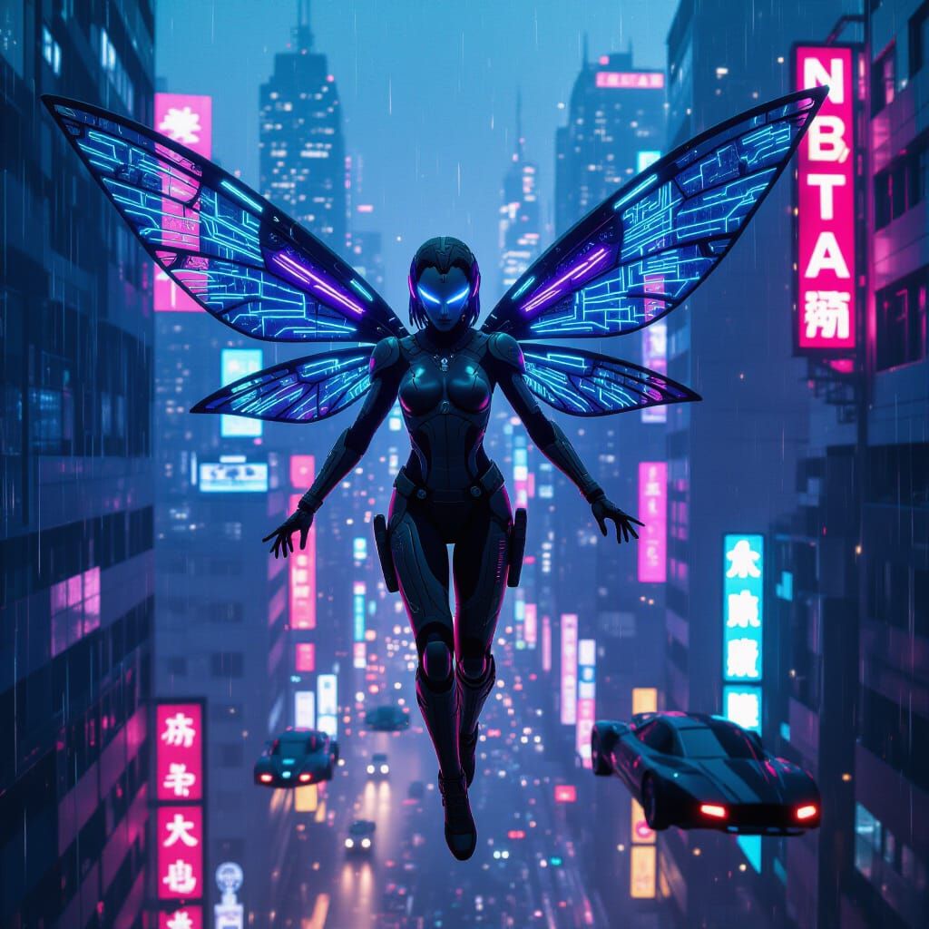 Cyber Fairy Soaring Above Neon Cityscape in Cyberpunk Style