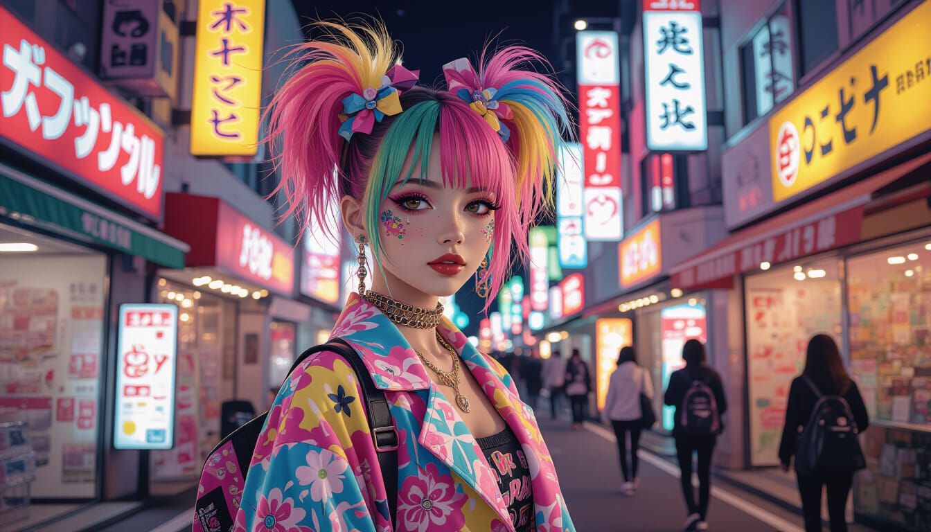 Colorful Gyaru Girl in Japanese Street Scene