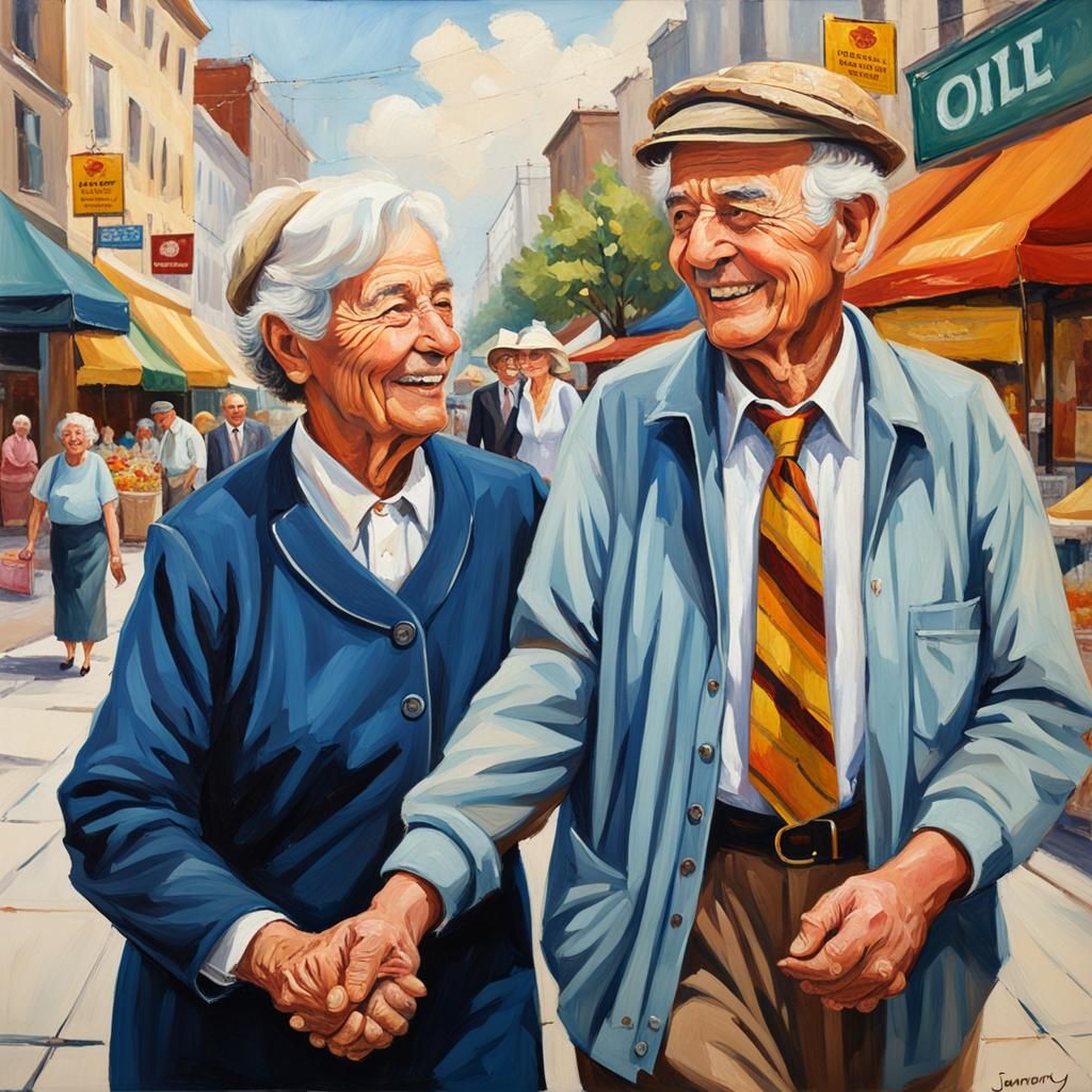 Smiling Elderly Couple Walking, Oil Painting
