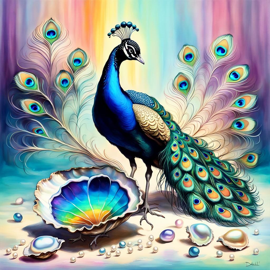 Iridescent Peacock and Oyster in Surrealist Dreamscape