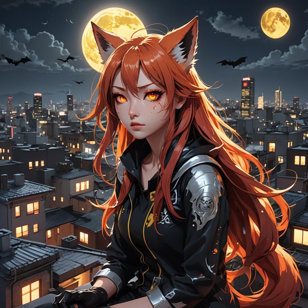 Anime Fox Girl on Rooftop in Cyberpunk City