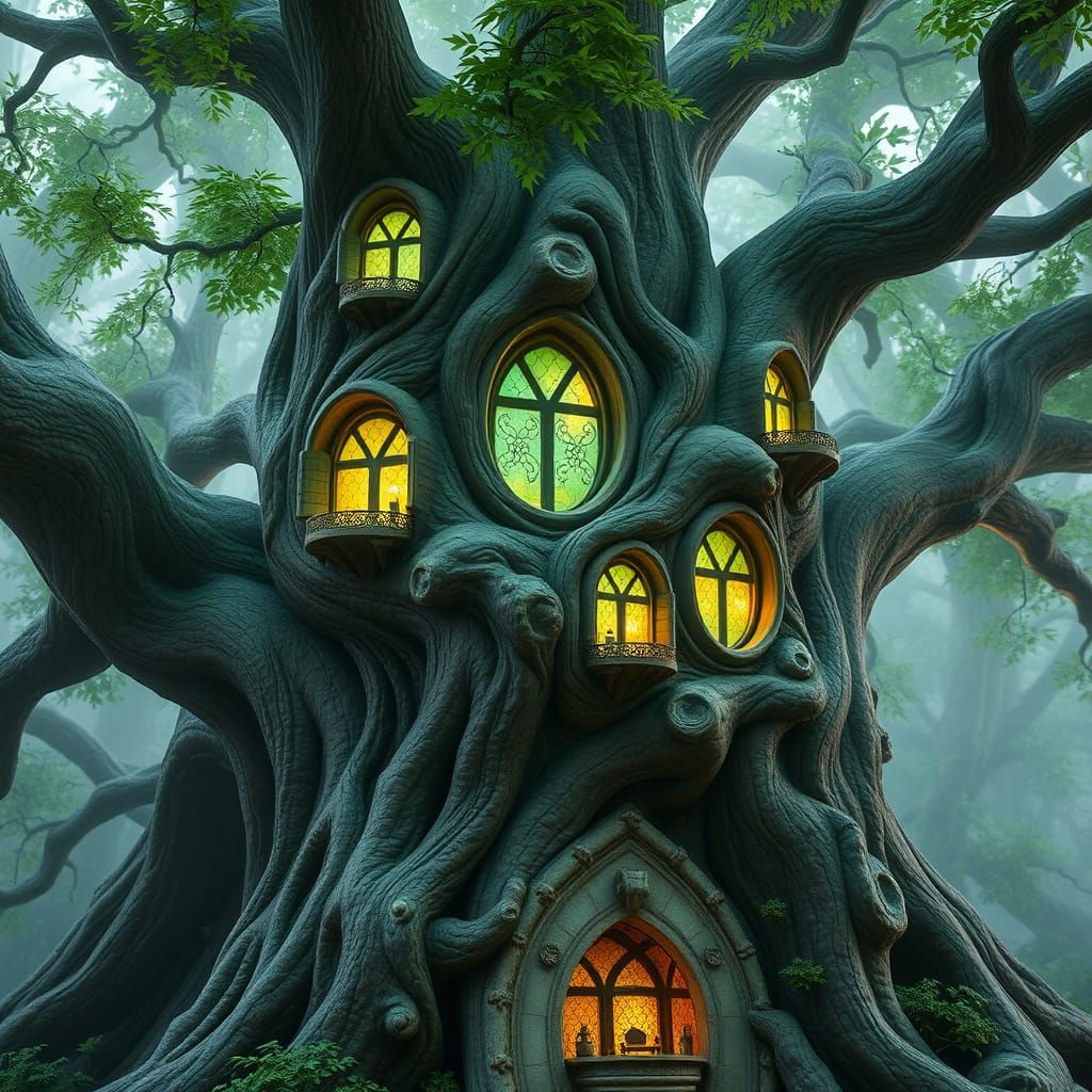 Whimsical Ancient Tree with Glowing Windows and Bioluminesce...