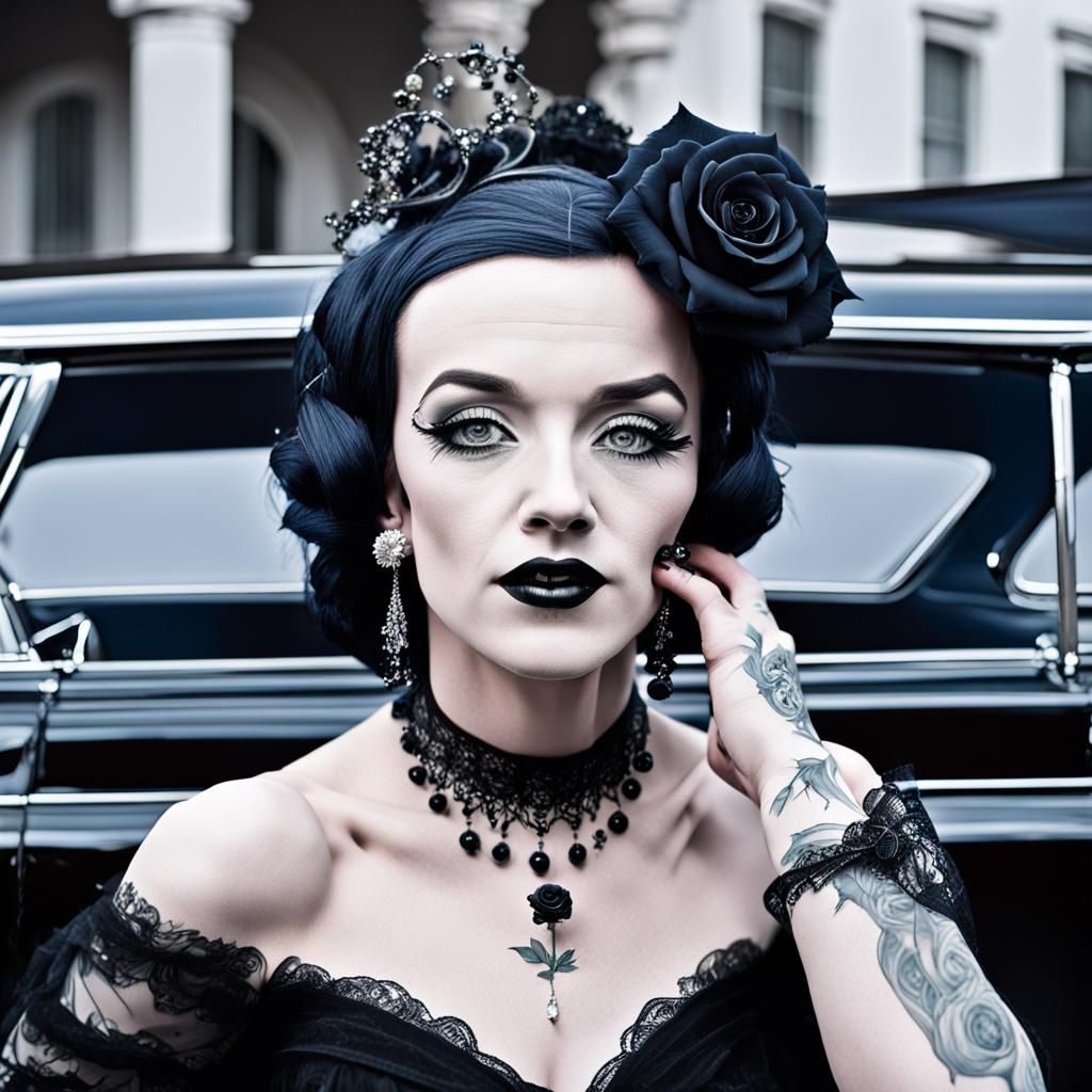 Gothic Caricature Portrait in Front of Hearse