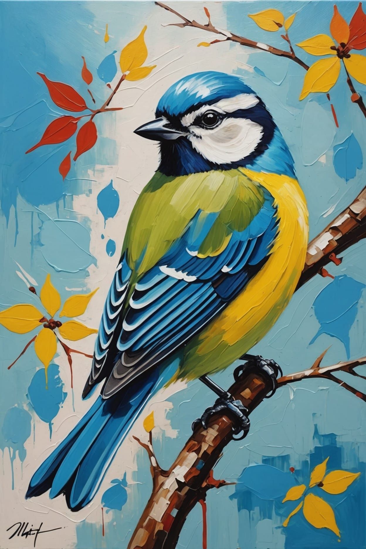 Colorful Abstract Oil Painting of a Blue Tit Bird