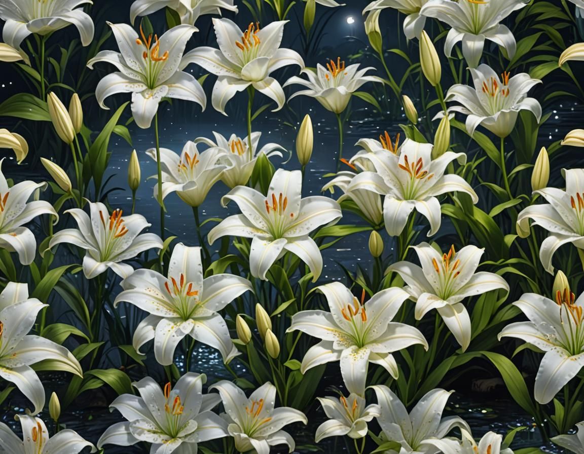 Blooming White Lilies Under Starry Night: 3D Fantasy Art