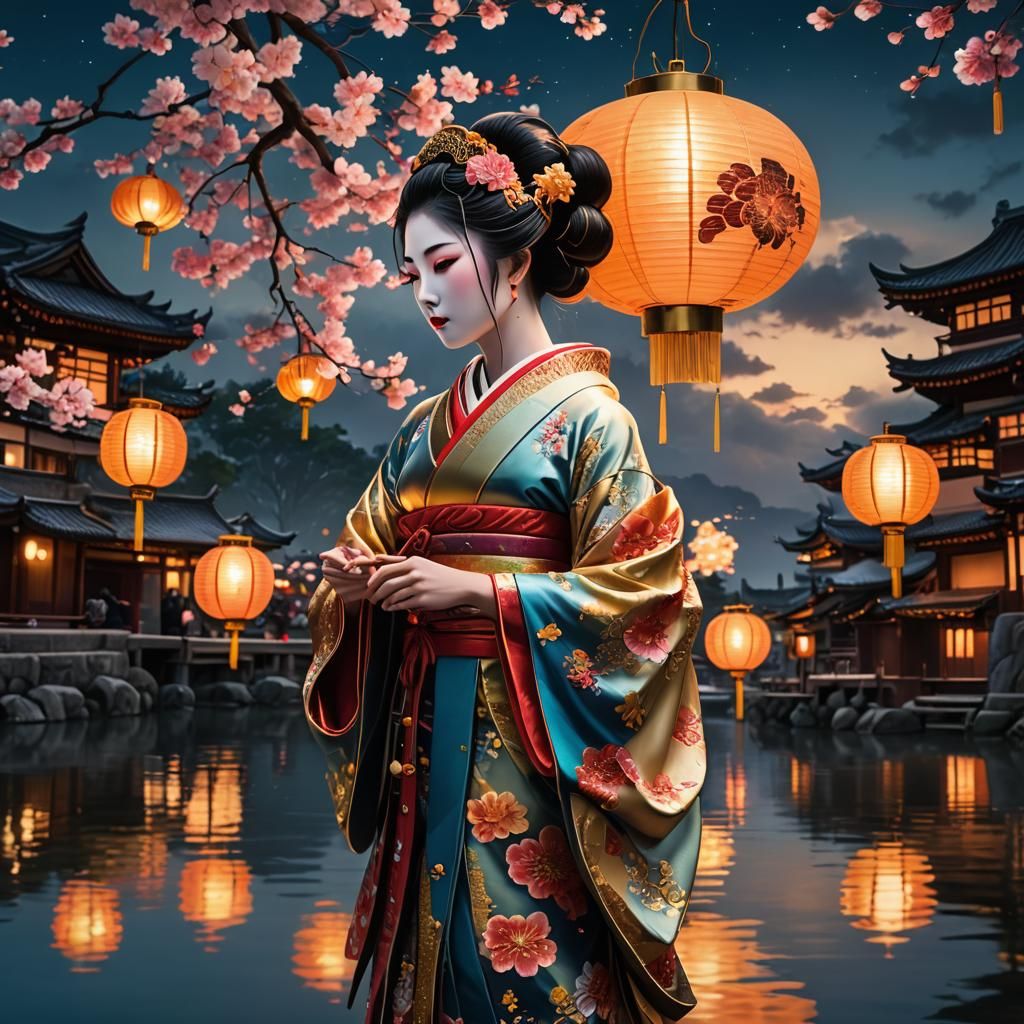 Geisha at Lantern Festival in Anime Style