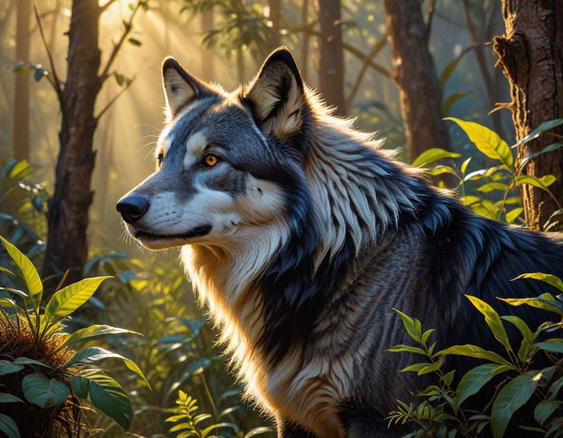 Maned Wolf Portrait in Forest: Oil Painting Style