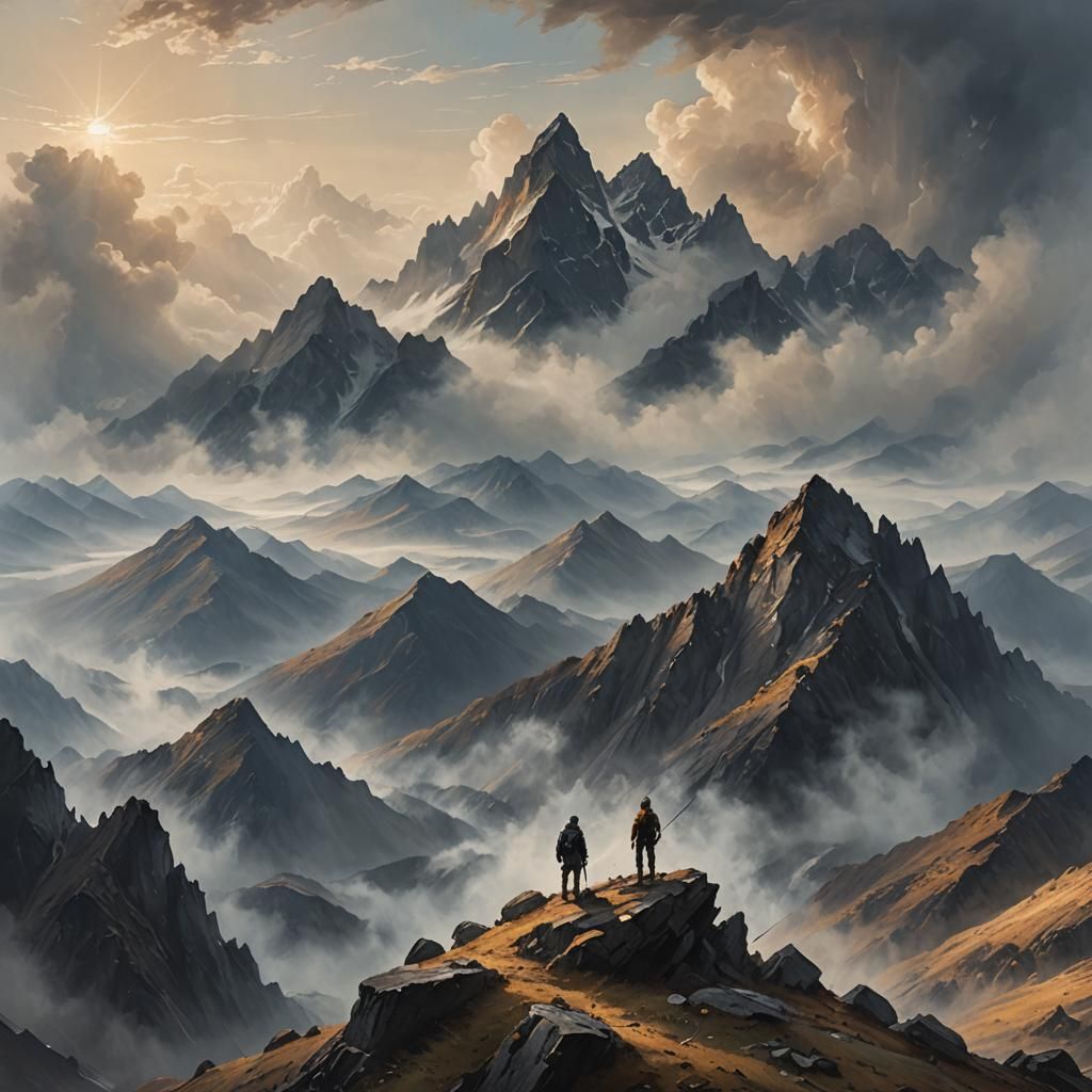 Lone Figure Embraces Mountain Vista: Oil Painting