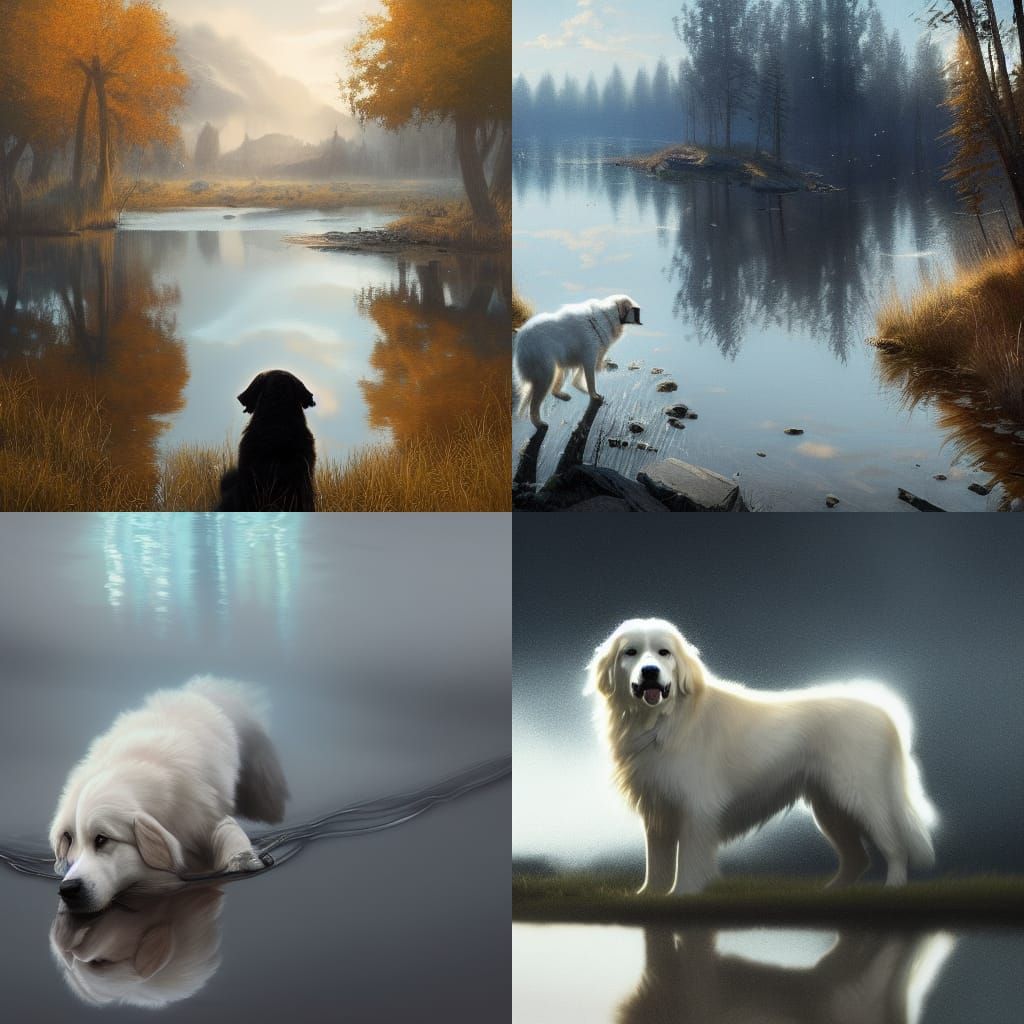 Great Pyrenees Dog Reflects, Digital Concept Art