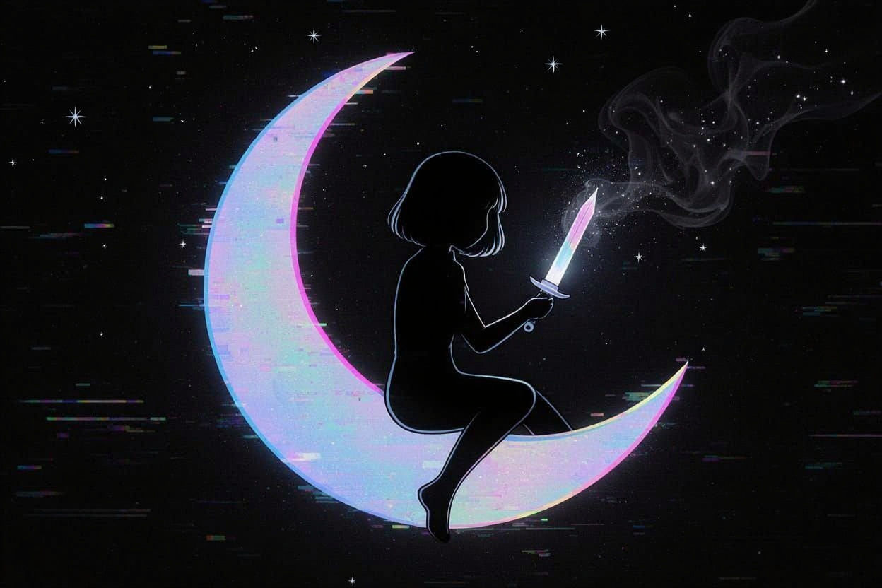 Silhouette on Crescent Moon with Iridescent Glitch Effect