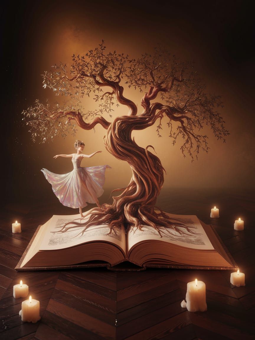 A life-sized fantasy pop-up book, its intricately cut pages aglow with warm, honey-like gold and amber hues, lies open o...