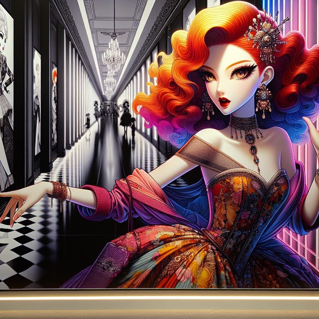 Elegant Woman in Neon Hallway: Anime-Inspired Fashion Illust...